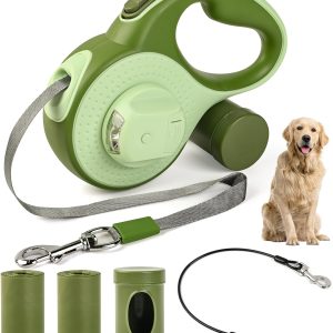 Odriew Retractable Dog Leash For Large Dogs, 26Ft With Chew Proof Cable, Led Light, Dispenser, 2 Poop Bags. 360° No Tangle, One Button Brake & Lock, For Dogs Up To 100Lbs.(White, 26Ft)