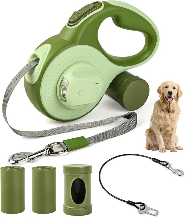 Odriew Retractable Dog Leash For Large Dogs, 26Ft With Chew Proof Cable, Led Light, Dispenser, 2 Poop Bags. 360° No Tangle, One Button Brake & Lock, For Dogs Up To 100Lbs.(White, 26Ft)