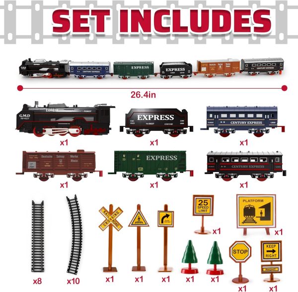 Deao Train Set With Light For Kids, Cargo Cars And Long Track For Boys & Girls Aged 3-12, Train Toys Railway Kits With Signposts & Trees, Electric Train Race Track Playset,Great Birthday & Xmas Gifts