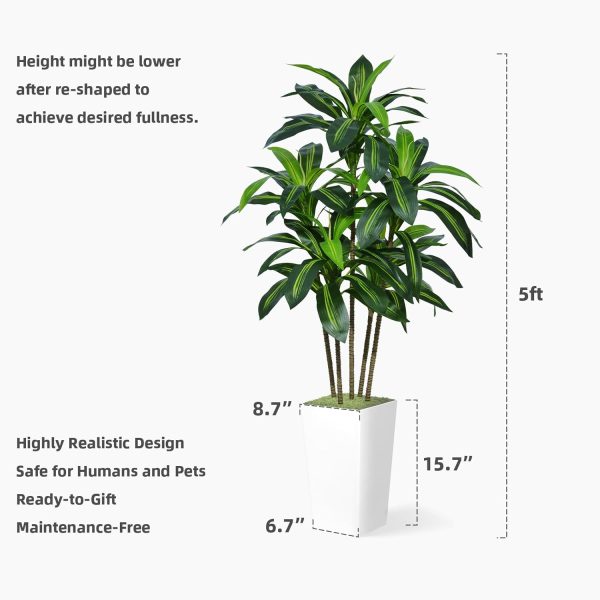 Astidy Artificial Dracaena Tree 5Ft - Faux Tree With White Tall Planter - Tropical Yucca Floor Plant In Pot - Artificial Silk Tree For Home Office Living Room Decor Indoor