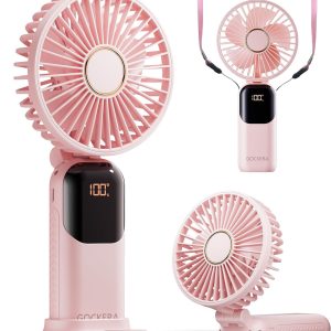 Gockera Portable Fan, 4200Mah Battery Operated Fan, 5 Speeds&Digital Display, 180° Foldable Makeup Fan For Women With Base, Handheld/Neck/Desk 3In1 Fan For Outdoor Indoor,Ultra Quiet (Pink)