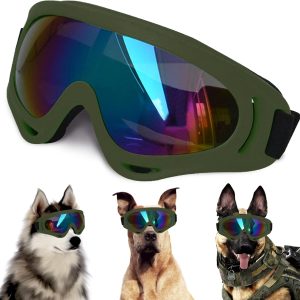 Large Dog Sunglasses With Adjustable Strap Uv Protection, Winproof Dog Puppy Sunglasses, Suitable For Medium-Large Dog Pet Glasses, Dogs Eyes Protection,Soft Dog Goggles (Army Green Frame)