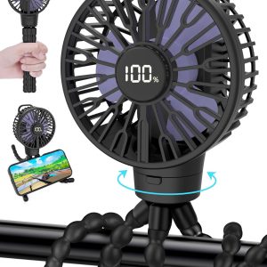 Eclip Portable Stroller Fan, Led Display, 4 Speeds, Flexible Tripod Clip On Fan Blow Cold Air, 30Db Quiet Handheld Desk Cooling Baby Fan For Car Seat Crib Bike Treadmill (3 Inches Black)
