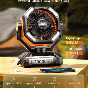 Coldsky ???????????????? Camping Fan With ???????? ??????????, Battery Operated Fan With 4 Led Lantern, 8 Speeds Desk Fan With Remote, Portable Outdoor Fan With Hook For Tent, Power Outages, Jobsite