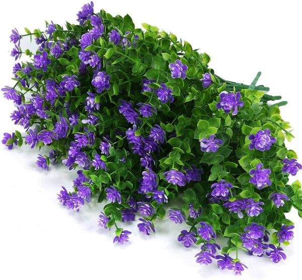 Klemoo Artificial Flowers Outdoor Uv Resistant Boxwood Plants Shrubs 4 Pack, Faux Plastic Greenery For Indoor Outside Hanging Planter Home Office Wedding Farmhouse Decor (Purple)