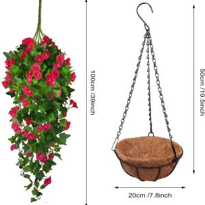 Hanging Planter With Artificial Hanging Vine Flowers, Plant Hanger Uv Resistant Plastic Faux Flower Morning Glory Fabric Wisteria Petunia For Indoor Outdoor Garden Porch Eave Balcony Wall Decor