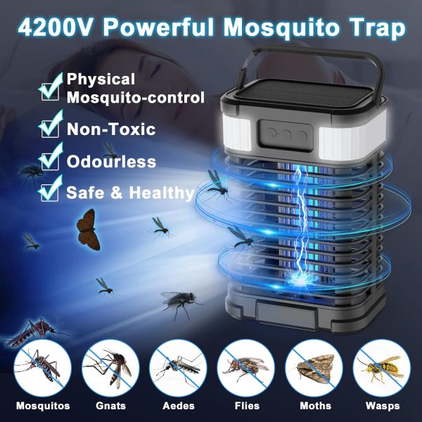 Solar Bug Zapper, 4200V Mosquito Zapper, Cordless & Rechargeable Bug Zapper Outdoor With Led Light, Portable Waterproof Electric Fly Zapper With Hook, For Patio Camping Backyard Garden
