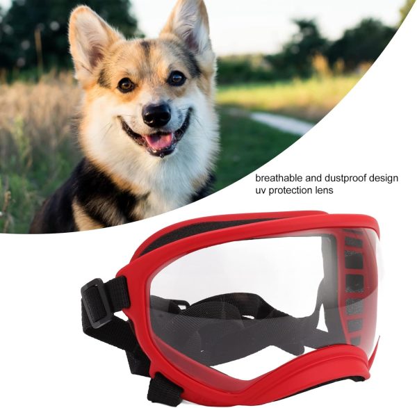 Dog Goggles, Windproof Ultraviolet Proof Dustproof Strap Dog Sunglasses For Large Breed (Red Frame And Transparent Goggles)