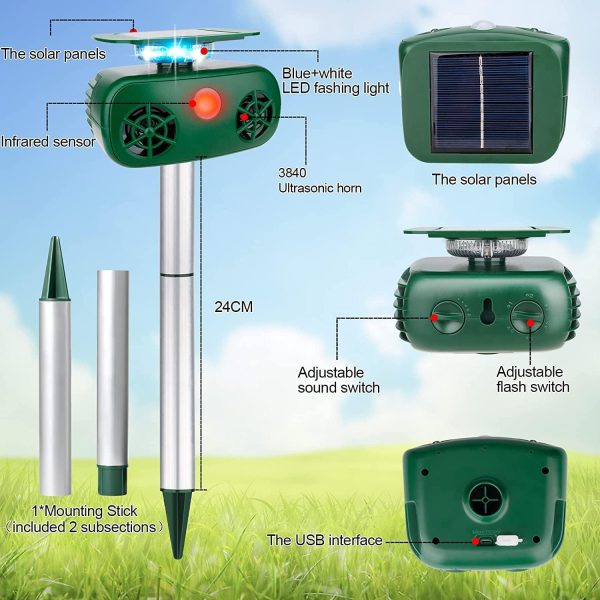 Ultrasonic Animal Repeller, 5 Modes Solar Powered Animal Deterrent Rodent Repeller, Waterproof Repellent With Motion Sensor And Flashing Light For Squirrels, Rabbit, Fox, Raccoon For Yard Farm Garden