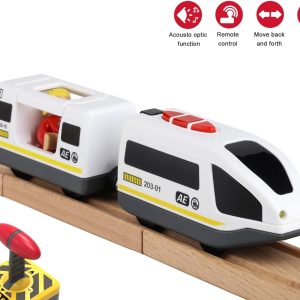 Wooden Train Set Accessories Battery Operated Locomotive Train, Remote Control Train Vehicles For Wood Tracks, Powerful Engine Train Cars Fits All Major Brands Of Railway System (Battery Not Included)