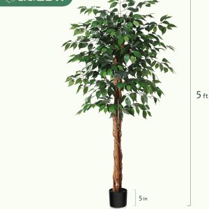 Soguyi 5Ft Artificial Ficus Tree With Natural Wood Trunk, Silk Ficus Tree In Plastic Nursery Pot, Faux Plant For Office Home, Indoor Outdoor Decor, 1 Pack