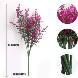 Recutms 8 Bundles Artificial Flowers Outdoor Plants Faux Uv Resistant Lavender Flower Plastic Shrubs Indoor Outside Hanging Decorations (Fuchsia)