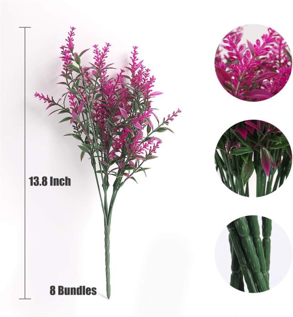 Recutms 8 Bundles Artificial Flowers Outdoor Plants Faux Uv Resistant Lavender Flower Plastic Shrubs Indoor Outside Hanging Decorations (Fuchsia)