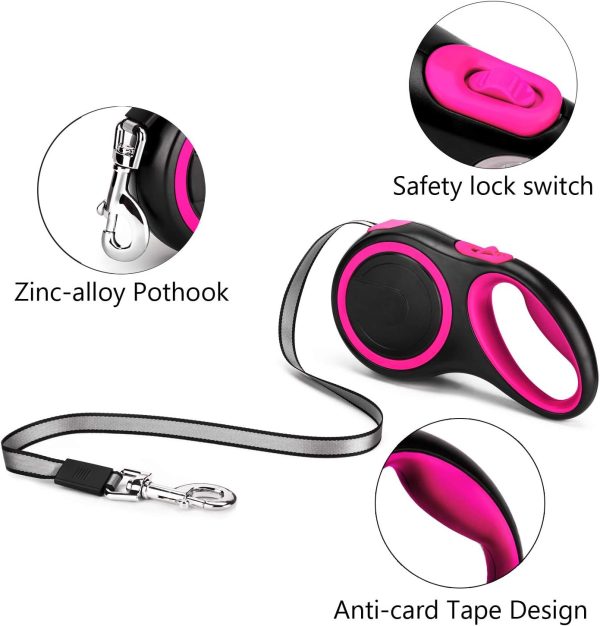 Segarty 26Ft Dog Leash Retractable, Dog Leash Long For Medium Large Breed Dogs Up To 110Lbs, No Tangle Nylon Tape And 1 Button Break & Lock Dog Leads For Training Running, Pink