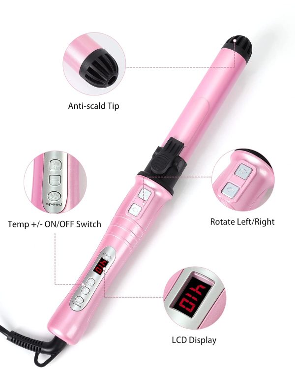 Maikcq 1.25 Inches Rotating Curling Iron Professional Dual Voltage Tourmaline Ceramic Hair Curler With Lcd Digital Display Adjustable Temp 176°F To 410°F For All Hair Types -Pink