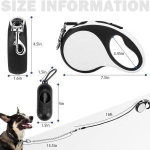 Scenereal Retractable Dog Leash With Led Light,Chew Proof Lead For Medium Large Dogs Up To 110Lb, 16Ft Reflective Dog Lead With Poop Bag Dispenser, Rechargeable, Tangle & Anti Slip