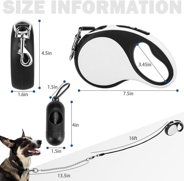Scenereal Retractable Dog Leash With Led Light,Chew Proof Lead For Medium Large Dogs Up To 110Lb, 16Ft Reflective Dog Lead With Poop Bag Dispenser, Rechargeable, Tangle & Anti Slip