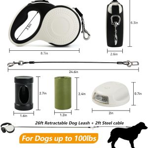 Odriew Retractable Dog Leash For Large Dogs, 26Ft With Chew Proof Cable, Led Light, Dispenser, 2 Poop Bags. 360° No Tangle, One Button Brake & Lock, For Dogs Up To 100Lbs.(White, 26Ft)