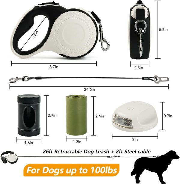 Odriew Retractable Dog Leash For Large Dogs, 26Ft With Chew Proof Cable, Led Light, Dispenser, 2 Poop Bags. 360° No Tangle, One Button Brake & Lock, For Dogs Up To 100Lbs.(White, 26Ft)