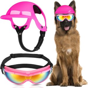 Slowton Dog Helmet And Goggles - Uv Protection Doggy Sunglasses Dog Glasses Pet Motorcycle Helmet Hat With Ear Holes Adjustable Belt Safety Hat For Small Medium Large Dogs Puppy Riding (Black, S)