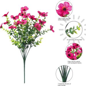 Hyeflora Artificial Faux Outdoor Plants Flowers For Spring Summer Decoration, 12 Bundles Hotpink Silk Daisy Eucalyptus Look Real Uv Resistant For Outside Planter Pot Window Porch Home Patio