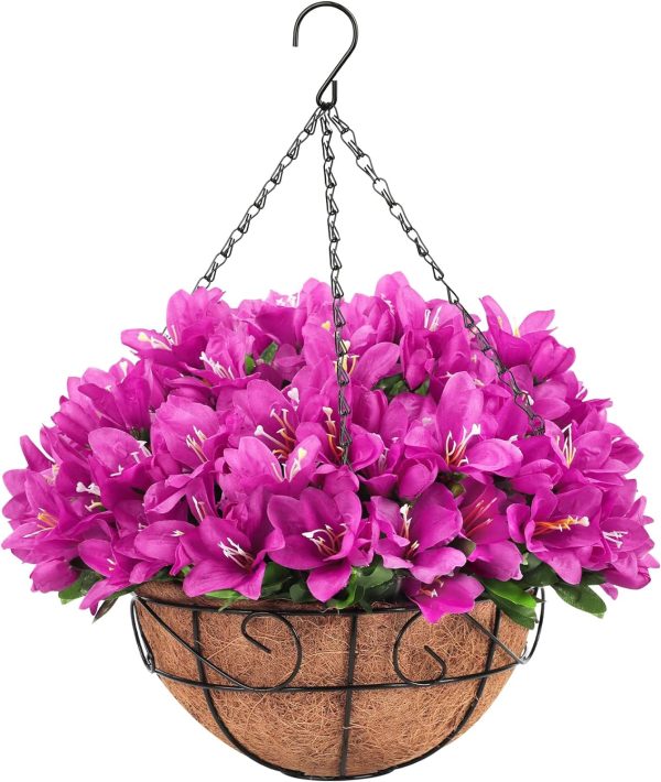 Ouddy Decor Artificial Hanging Flowers In Basket, Silk Azalea Flowers With Coconut Lining Hanging Baskets Outdoor Hanging Plants Spring Flowers For Yard Patio Front Porch Home Decor, Fuchsia