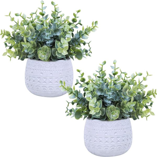 Winlyn 2 Pack Small Faux Eucalyptus Potted Plants Artificial Eucalyptus Greenery In Modern Hexagonal Ceramic Pots Small Plants 7.9" Tall For Office Desktop Wedding Home Indoor Shelf Table Décor