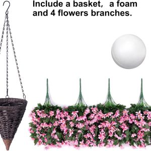 Artificial Faux Hanging Outdoor Plants Flowers Basket For Spring Decoration, Silk Realistic Uv Resistant Pink Long Vines Planter For Outside Home Porch Patio Balcony Yard Decor