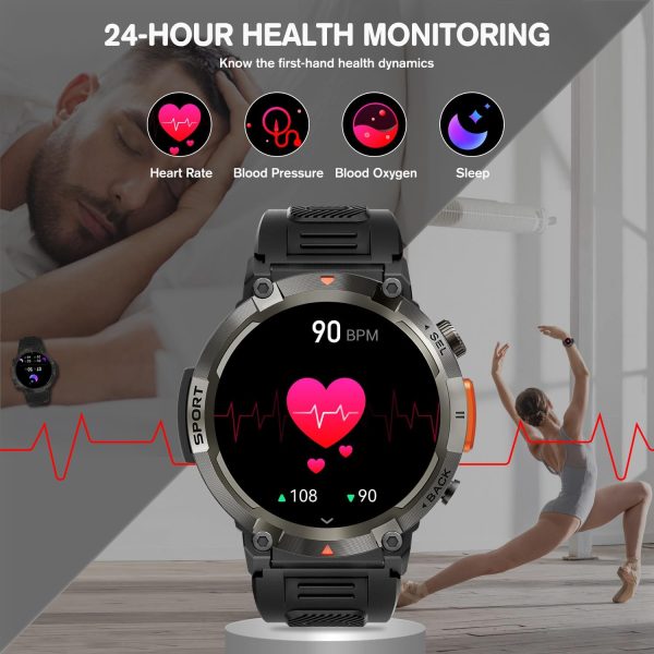 Smart Watches For Men Sports Watch With Led Flashlight 3Atm Waterproof 1.45" Hd Smartwatch Outdoor Tactical Sports 100+ Fitness Tracker With Heart Rate/Blood Pressure With Android Ios