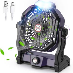 Conbola Portable Rechargeable Camping Fan For Tent With Led Lantern, 10-Inch Battery Operated Outdoor Fan With Hanging Hook, 270° Rotation, Small Quiet Personal Usb Cooling Fan For Travel, Fishing