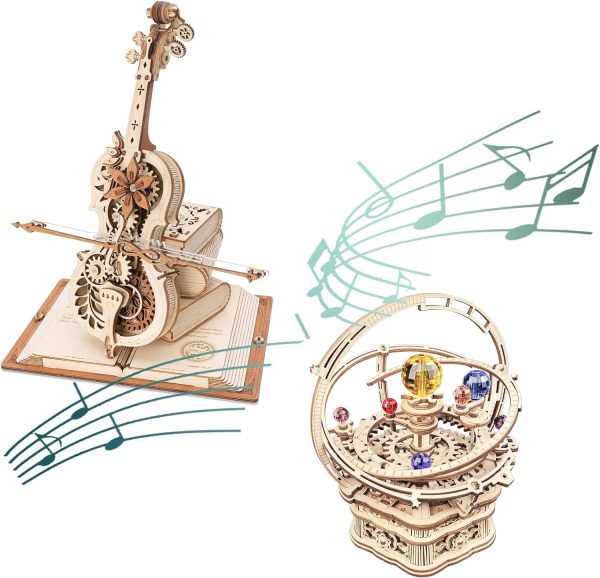Rokr 3D Wooden Puzzles For Adults Music Box Bundle - Cello Music Box & Orrey Music Box, Unique Gift Hobby For Boys Girls Family