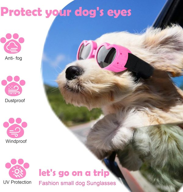 Ikuso Dog Sunglasses Small Breed,Uv Protection Dog Sunglasses With Adjustable Strap, Heart Dog Goggles For Waterproof Windproof Anti-Fog Eye Protection,Beach Accessories For Puppy (Pink)