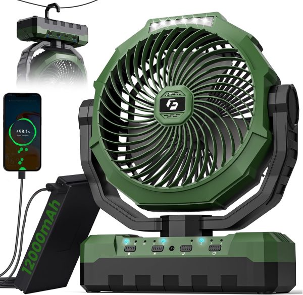 Frizcol 3-In-1 Camping Fan - Portable Fan Rechargeable - 24000Mah 9-Inch Battery Powered Fan(140Hrs) - Usb Fan With Light & Remote For Indoor, Outdoor, Tent, Travel, Bbq, Fishing, Jobsite - Green