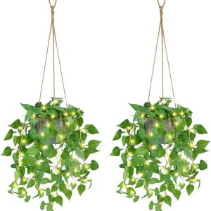 Tnntopele Hanging Plants With Pots, 2 Pack Artificial Faux Anthurium Leaf Hanging Basket Plant For Wall Home Room Indoor Outdoor Decor