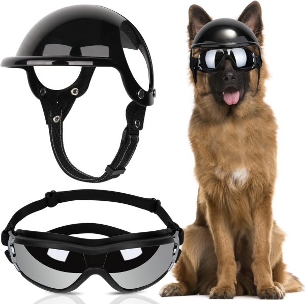 Slowton Dog Helmet And Goggles - Uv Protection Doggy Sunglasses Dog Glasses Pet Motorcycle Helmet Hat With Ear Holes Adjustable Belt Safety Hat For Small Medium Large Dogs Puppy Riding (Black, S)