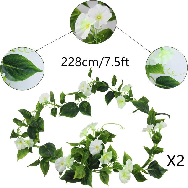 Cisdueo 2 Pcs Artificial Vines Silk Morning Glory Vines For Outdoor 15Feet Hanging Plants Garland White Green Plant Morning Glories For Home Decor Wall Fence Stairway Wedding Hanging Baskets