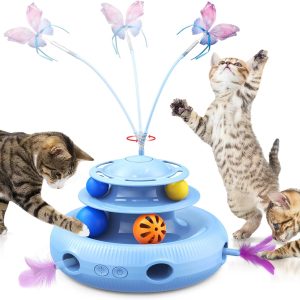 Aidiam Cat Toys, 4-In-1 Rechargeable Automatic Interactive Cat Toy With Fluttering Butterfly, Random Moving Ambush Feather, Two-Tier Track Balls, 5H Smart Standby, Touch-Activated