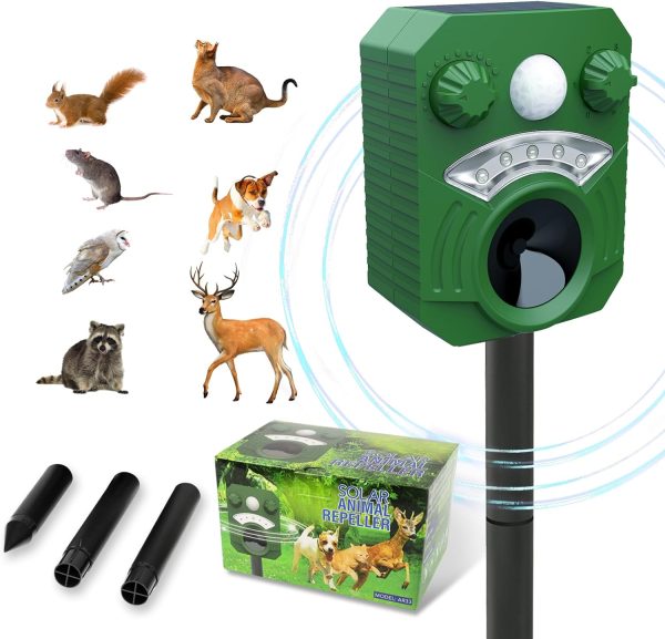 Ultrasonic Solar Animal Repeller, Cat Repellent Outdoor Squirrel Repellent With Motion Sensor & Flashing Light, Animals Deterrent For Squirrel Bird Deer Cat Skunk Dog For Yard Garden
