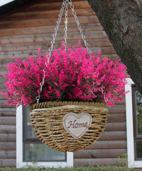 Recutms 8 Bundles Artificial Flowers Outdoor Plants Faux Uv Resistant Lavender Flower Plastic Shrubs Indoor Outside Hanging Decorations (Fuchsia)