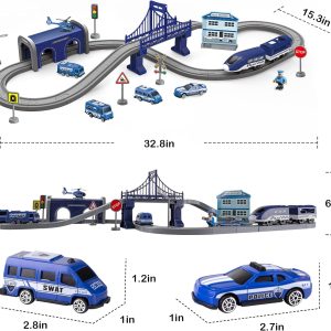 Train Sets For Boys 4-7, 66 Pcs Battery Operated Train Set With Tracks(Magnetic Connection), Compatible With Thomas, Brio, Chuggington, Gifts For 3 4 5 6 Years Old (66Pcs Police)