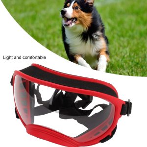 Dog Goggles, Windproof Ultraviolet Proof Dustproof Strap Dog Sunglasses For Large Breed (Red Frame And Transparent Goggles)
