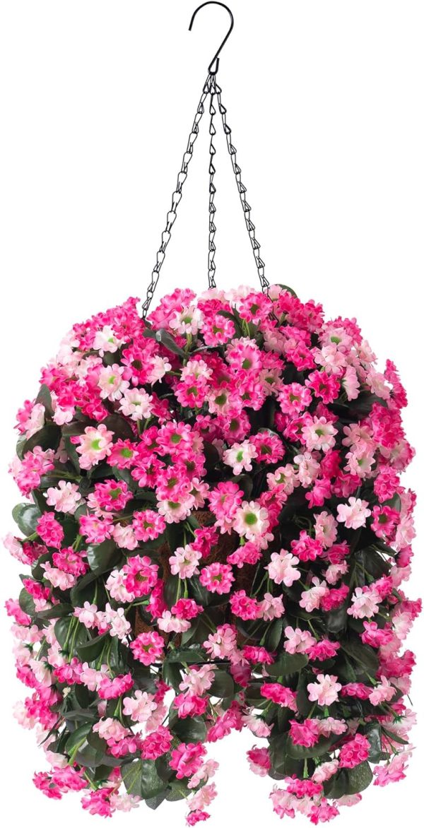 Ammyoo Artificial Flowers In Hanging Basket For Outdoors Indoors Decor, Artificial Mums Bush Flowers Plants With Baskets For Home Porch Garden Yard Patio Spring Summer Decoration (Purple Pink)
