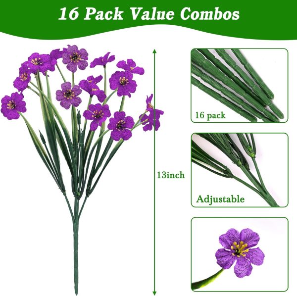 Cewor 16 Bundles Artificial Flowers For Outdoors, Silk Flowers Faux Plants Uv Resistant For Hanging Planters Window Box Front Porch Indoor Outside Decorations (Purple)