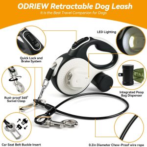 Odriew Retractable Dog Leash For Large Dogs, 26Ft With Chew Proof Cable, Led Light, Dispenser, 2 Poop Bags. 360° No Tangle, One Button Brake & Lock, For Dogs Up To 100Lbs.(White, 26Ft)