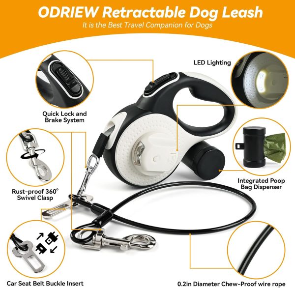 Odriew Retractable Dog Leash For Large Dogs, 26Ft With Chew Proof Cable, Led Light, Dispenser, 2 Poop Bags. 360° No Tangle, One Button Brake & Lock, For Dogs Up To 100Lbs.(White, 26Ft)