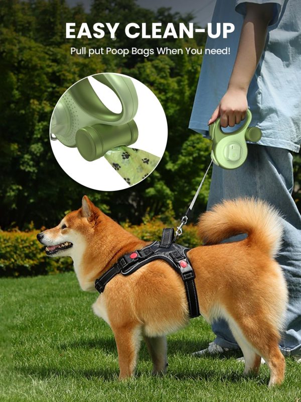 Retractable Dog Leash With Flashlight And Poop Bag Dispenser, Douexio Upgrade 4 In 1 Dog Leash Retractable For Small Medium Dogs Up To 55 Lbs, Anti-Slip Handle (Green)