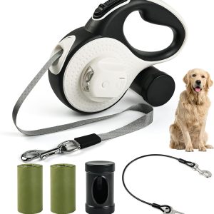 Odriew Retractable Dog Leash For Large Dogs, 26Ft With Chew Proof Cable, Led Light, Dispenser, 2 Poop Bags. 360° No Tangle, One Button Brake & Lock, For Dogs Up To 100Lbs.(White, 26Ft)