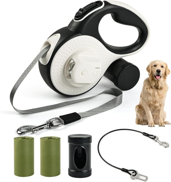 Odriew Retractable Dog Leash For Large Dogs, 26Ft With Chew Proof Cable, Led Light, Dispenser, 2 Poop Bags. 360° No Tangle, One Button Brake & Lock, For Dogs Up To 100Lbs.(White, 26Ft)