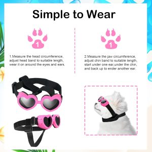 Ikuso Dog Sunglasses Small Breed,Uv Protection Dog Sunglasses With Adjustable Strap, Heart Dog Goggles For Waterproof Windproof Anti-Fog Eye Protection,Beach Accessories For Puppy (Pink)
