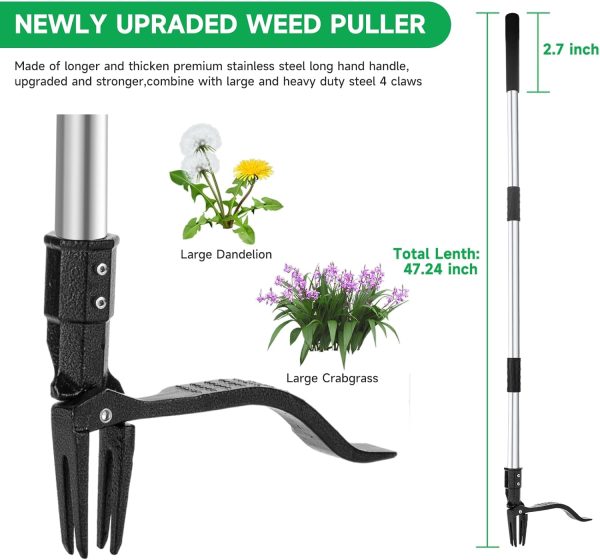 Weed Puller Tool, Gardening Stand Up Weeding Tool With 48" Stainless Steel Long Handle And 4 Steel Claws For Lawn And Garden,Easily Remove Weeds Without Bending, Pulling,Or Kneeling